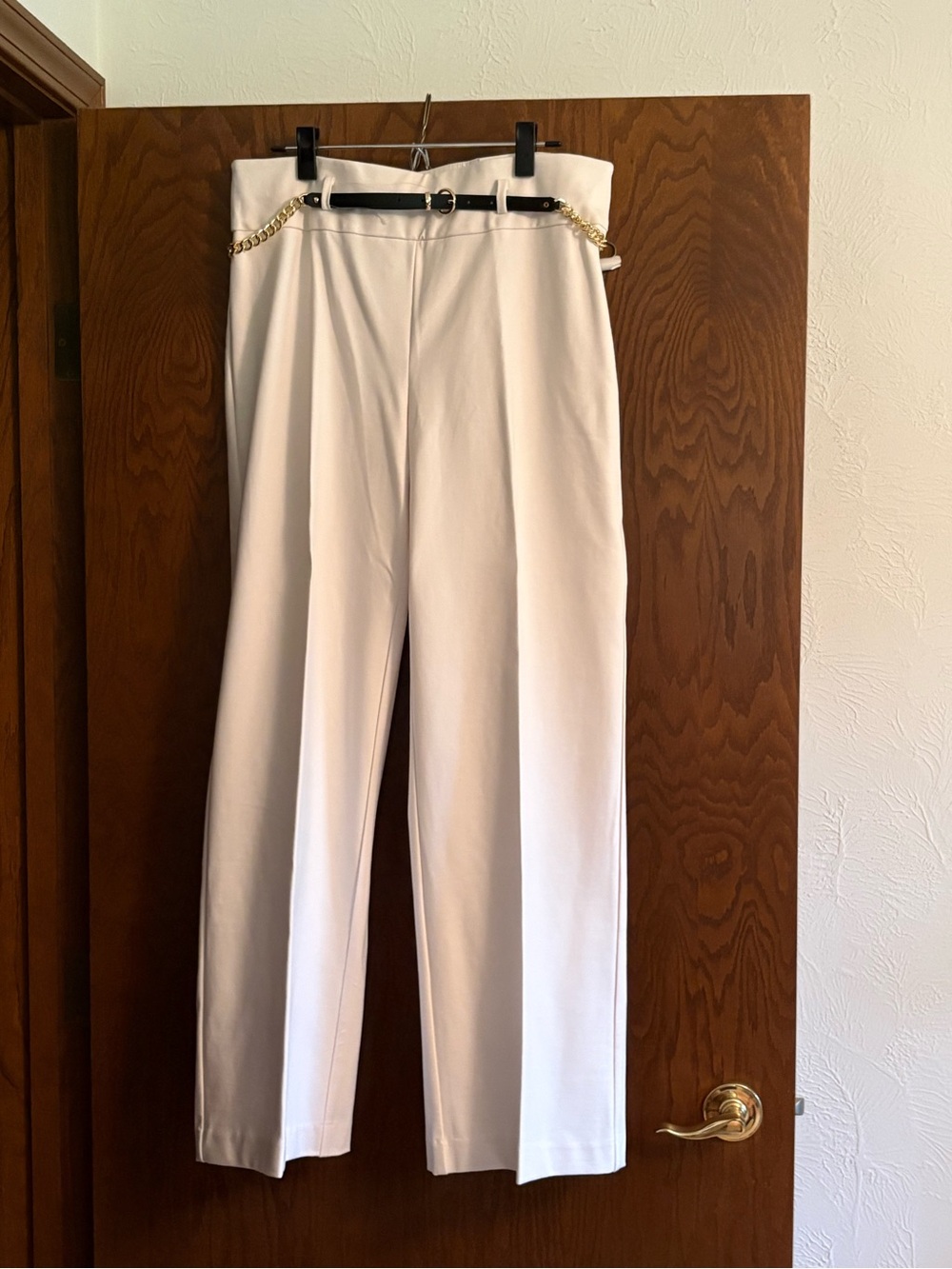 Anne Klein Cream High-Rise Wide-Leg Trousers with Gold Chain Detail